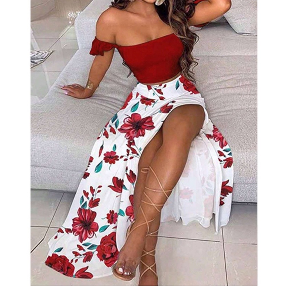 Boho Floral Print Ruffle Sleeve Crop Top Maxi Skirt Set S M L XL